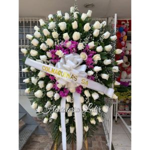 Corona funebre grande rosas Blancas y orquídeas